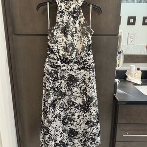 White House Black Market Black and White Sleeveless Halter Midi Cocktail Dress